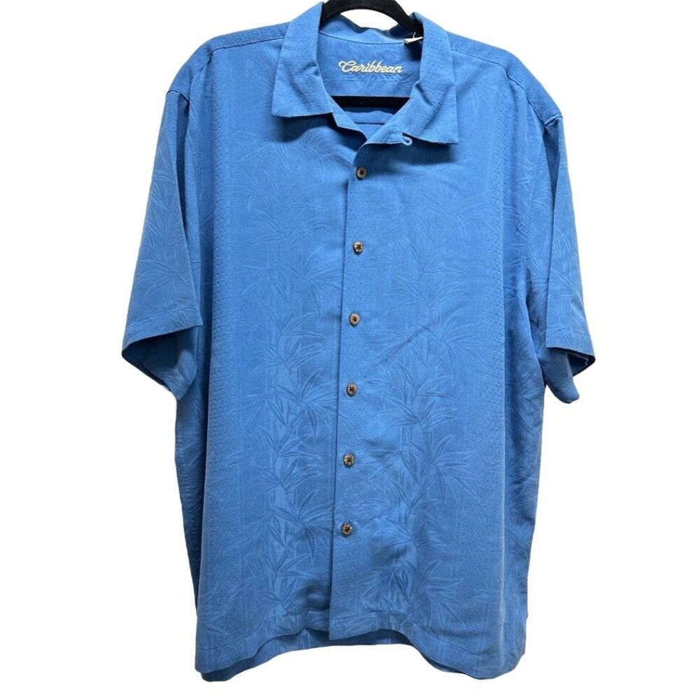Caribbean Men's‎ Blue Button-Up Short Sleeve Shirt Size XL Bamboo Print Modal